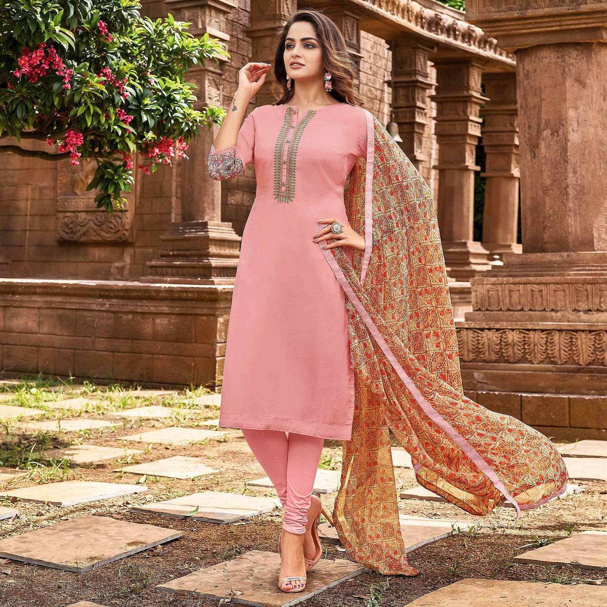 Light Pink Casual Wear Embroidered Chanderi Dress Material