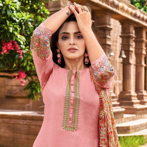 Light Pink Casual Wear Embroidered Chanderi Dress Material