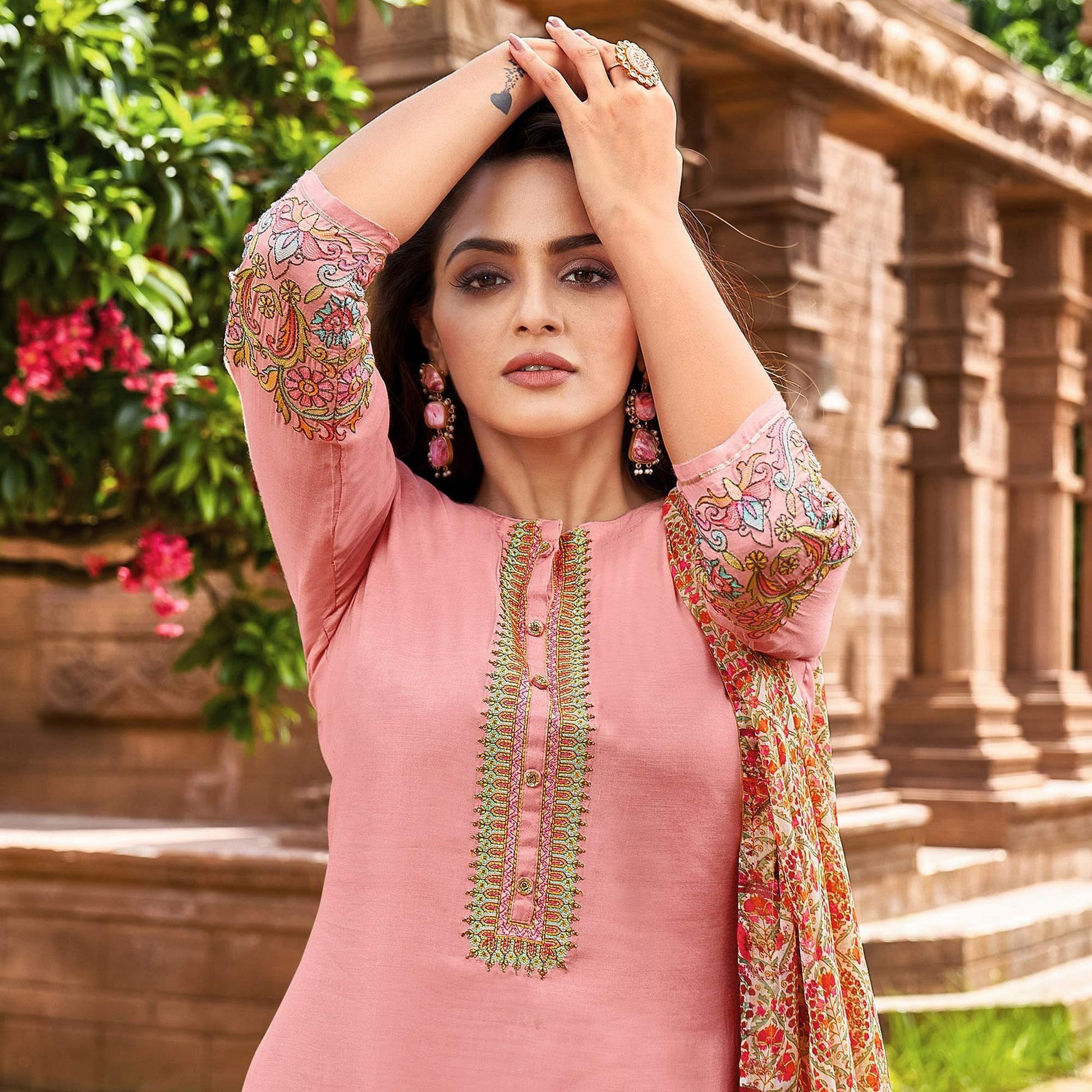 Light Pink Casual Wear Embroidered Chanderi Dress Material