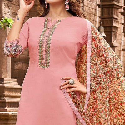 Light Pink Casual Wear Embroidered Chanderi Dress Material