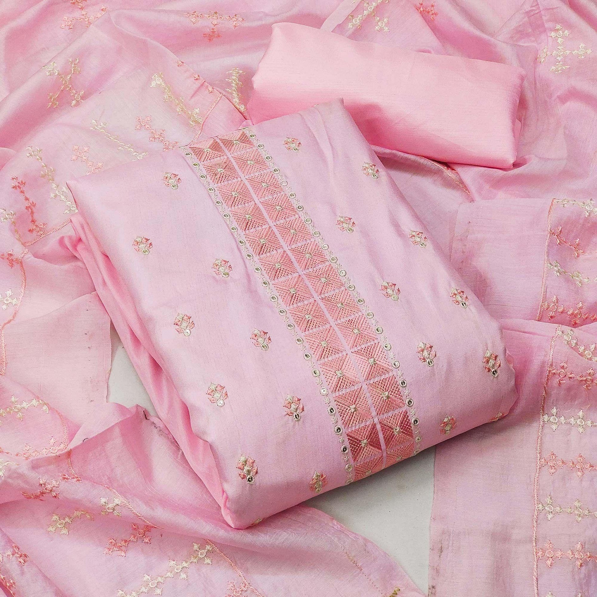 Light Pink Casual Wear Embroidered Jelly Silk Dress Material