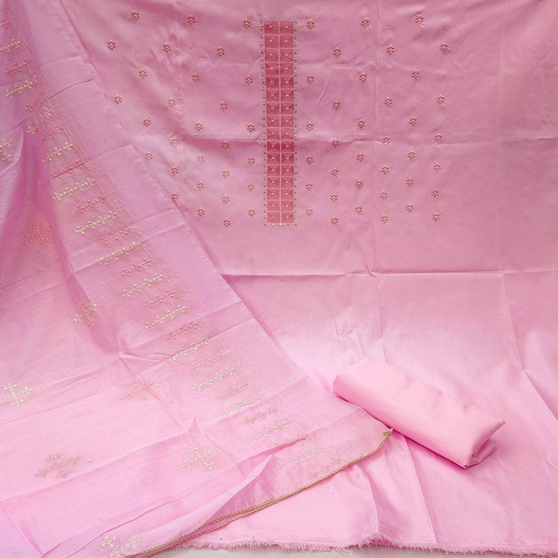 Light Pink Casual Wear Embroidered Jelly Silk Dress Material