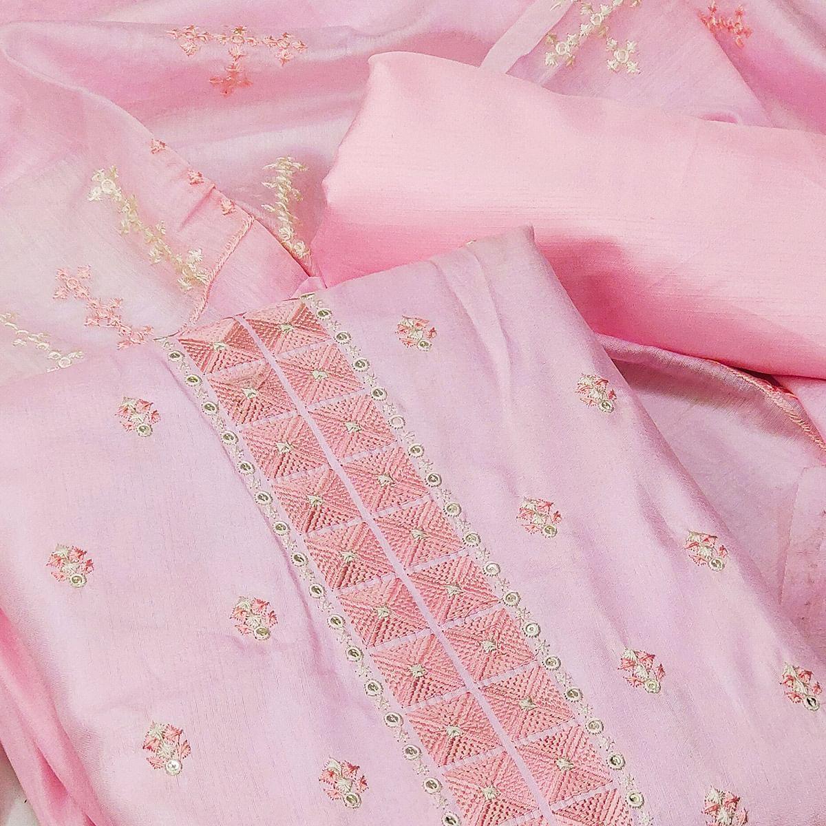 Light Pink Casual Wear Embroidered Jelly Silk Dress Material