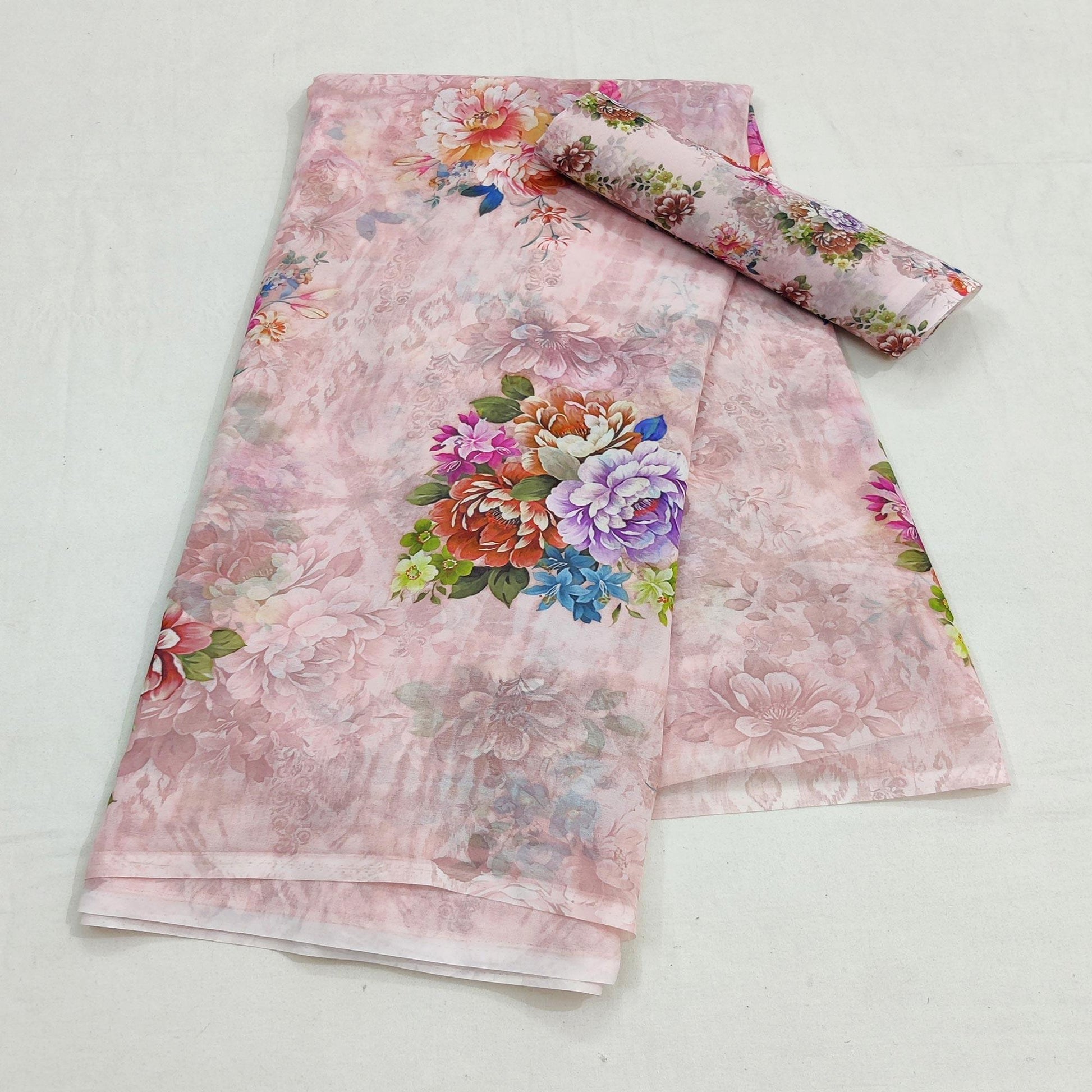 Light Pink Casual Wear Floral Digital Printed Georgette Saree