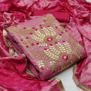 Light Pink Casual Wear Floral Embroidery With Hand Work Cotton Dress Material