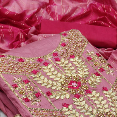 Light Pink Casual Wear Floral Embroidery With Hand Work Cotton Dress Material