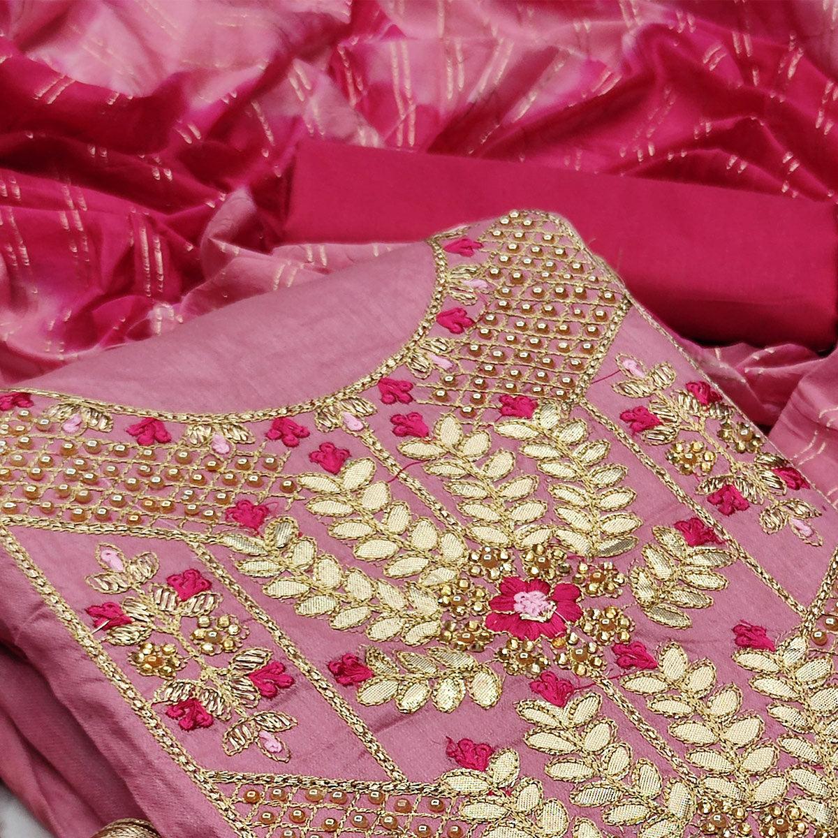 Light Pink Casual Wear Floral Embroidery With Hand Work Cotton Dress Material