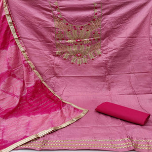 Light Pink Casual Wear Floral Embroidery With Hand Work Cotton Dress Material