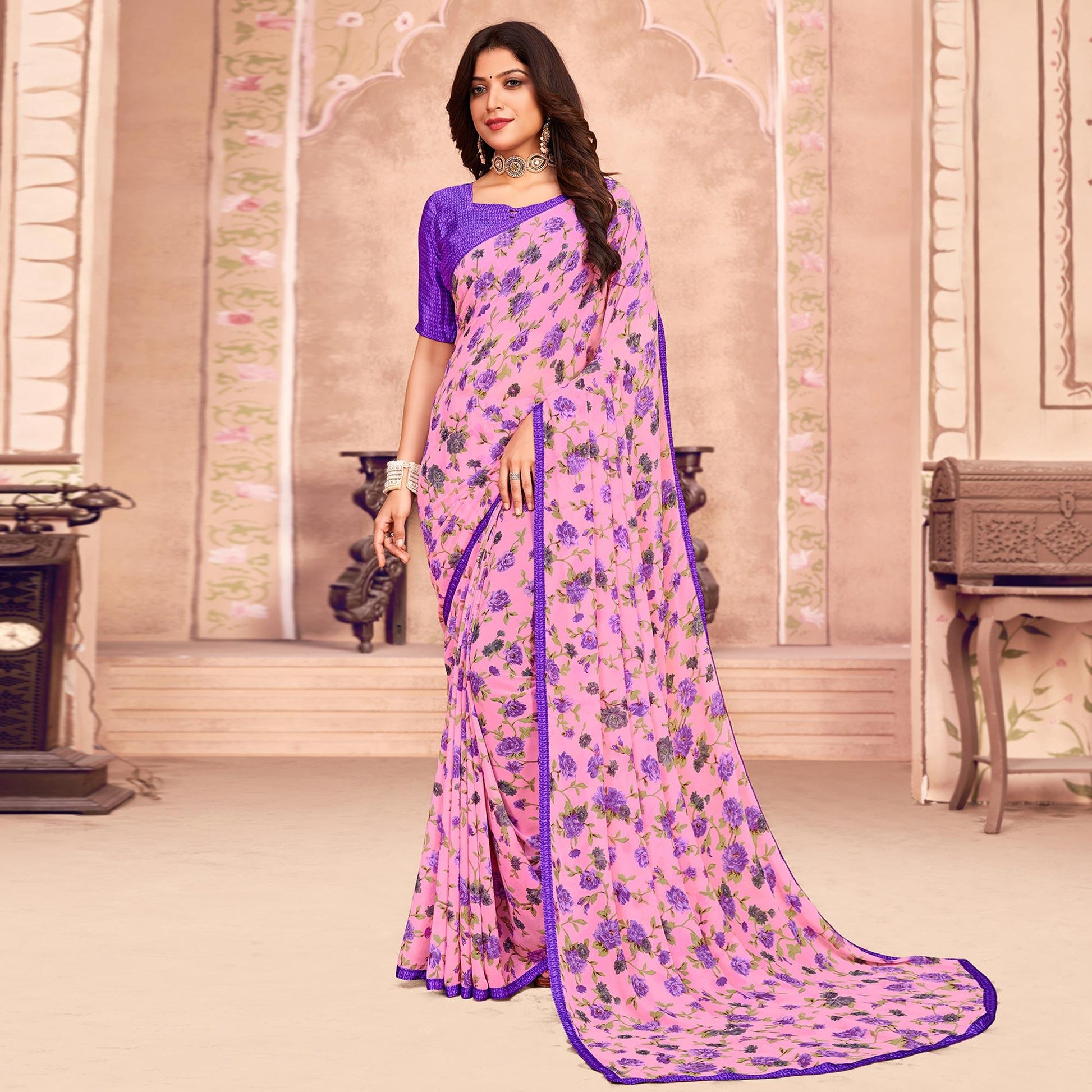Light Pink Casual Wear Floral Printed Georgette Saree
