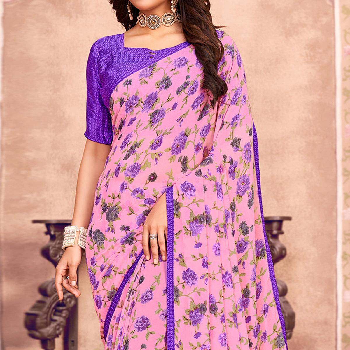 Light Pink Casual Wear Floral Printed Georgette Saree