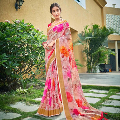 Light Pink Casual Wear Floral Printed Pure Linen Saree