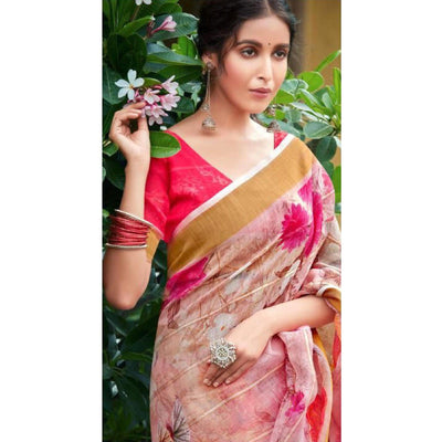 Light Pink Casual Wear Floral Printed Pure Linen Saree