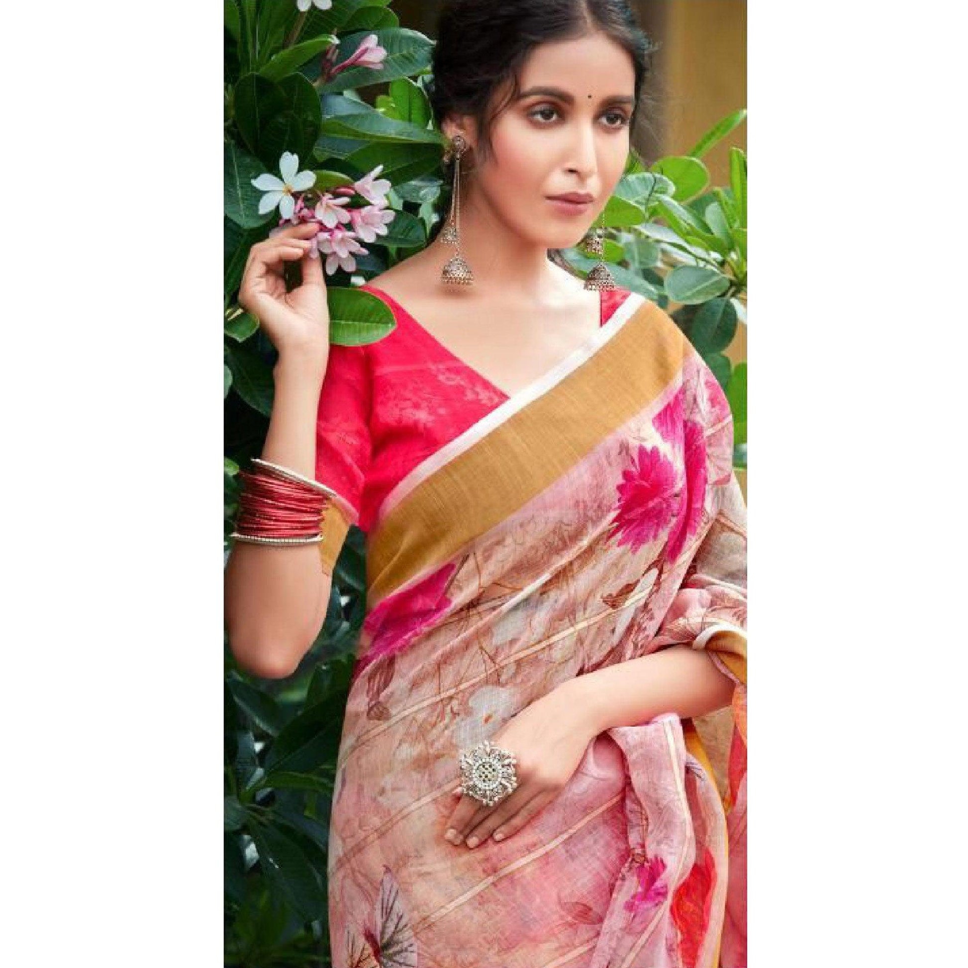 Light Pink Casual Wear Floral Printed Pure Linen Saree
