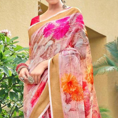 Light Pink Casual Wear Floral Printed Pure Linen Saree