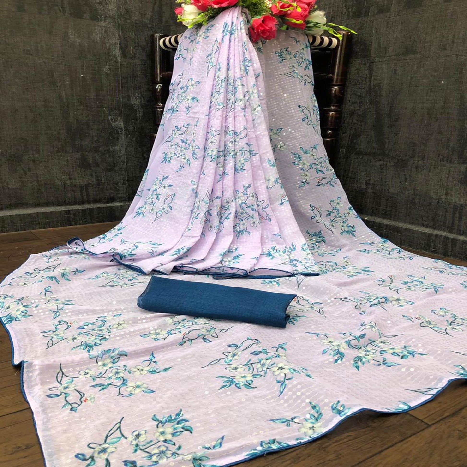 Light Pink Casual Wear Printed & Sequins Work Heavy Georgette Saree