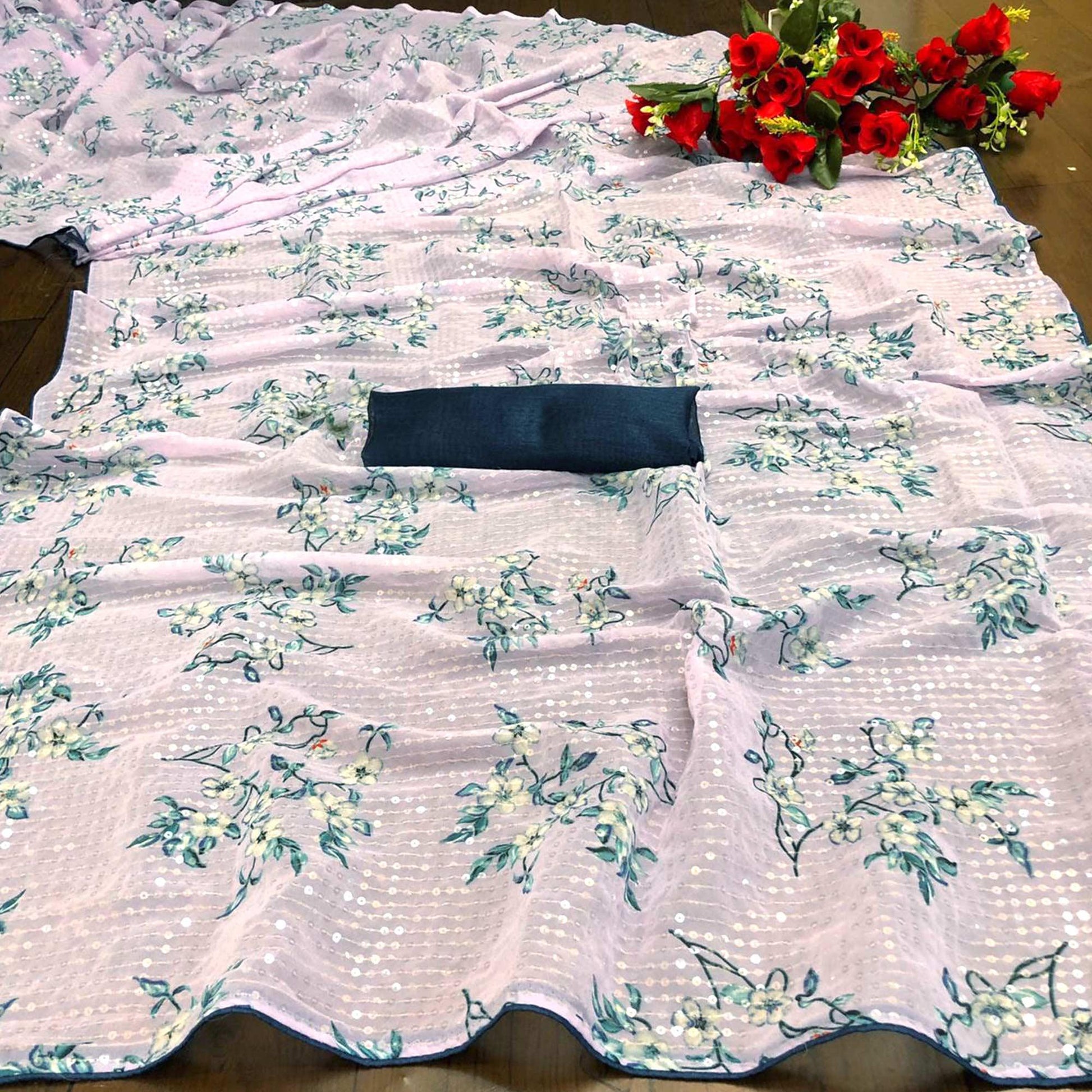 Light Pink Casual Wear Printed & Sequins Work Heavy Georgette Saree