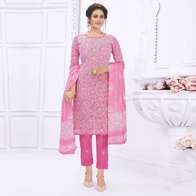 Light Pink Casual Wear Printed Cotton Dress Material
