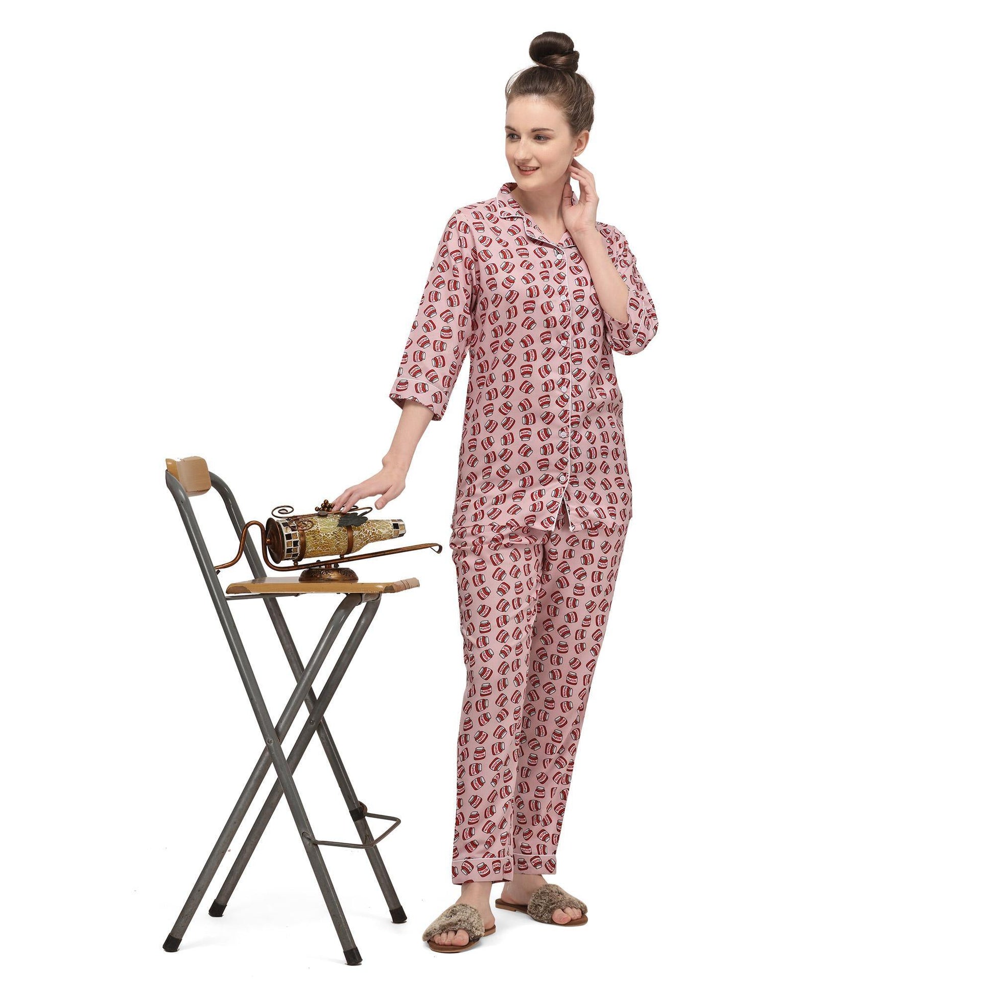 Light pink Casual Wear Printed Rayon Night Suit