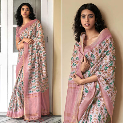 Light Pink Digital Printed Art Silk Saree