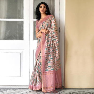 Light Pink Digital Printed Art Silk Saree