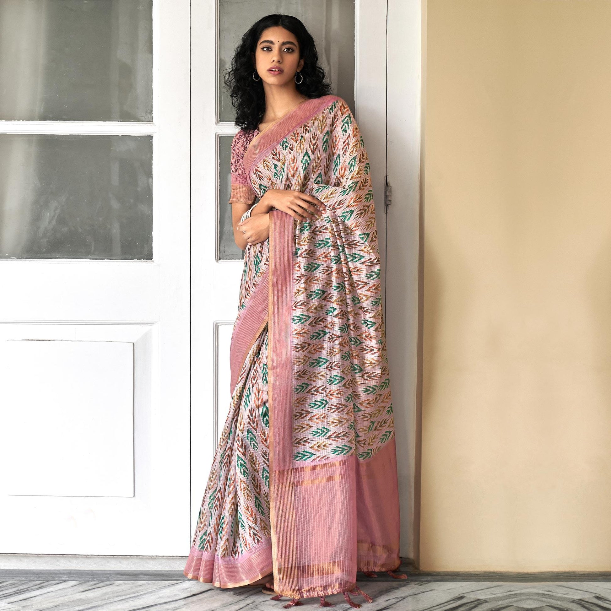 Light Pink Digital Printed Art Silk Saree