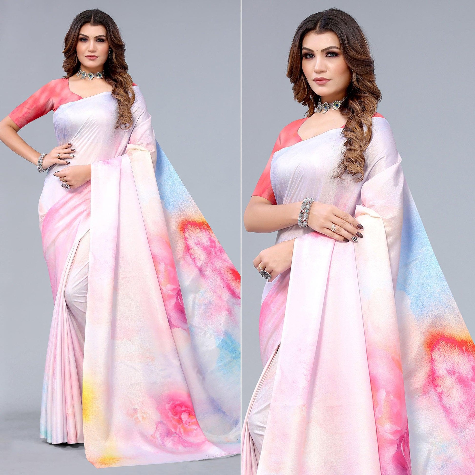 Light Pink Digital Printed Dola Silk Saree