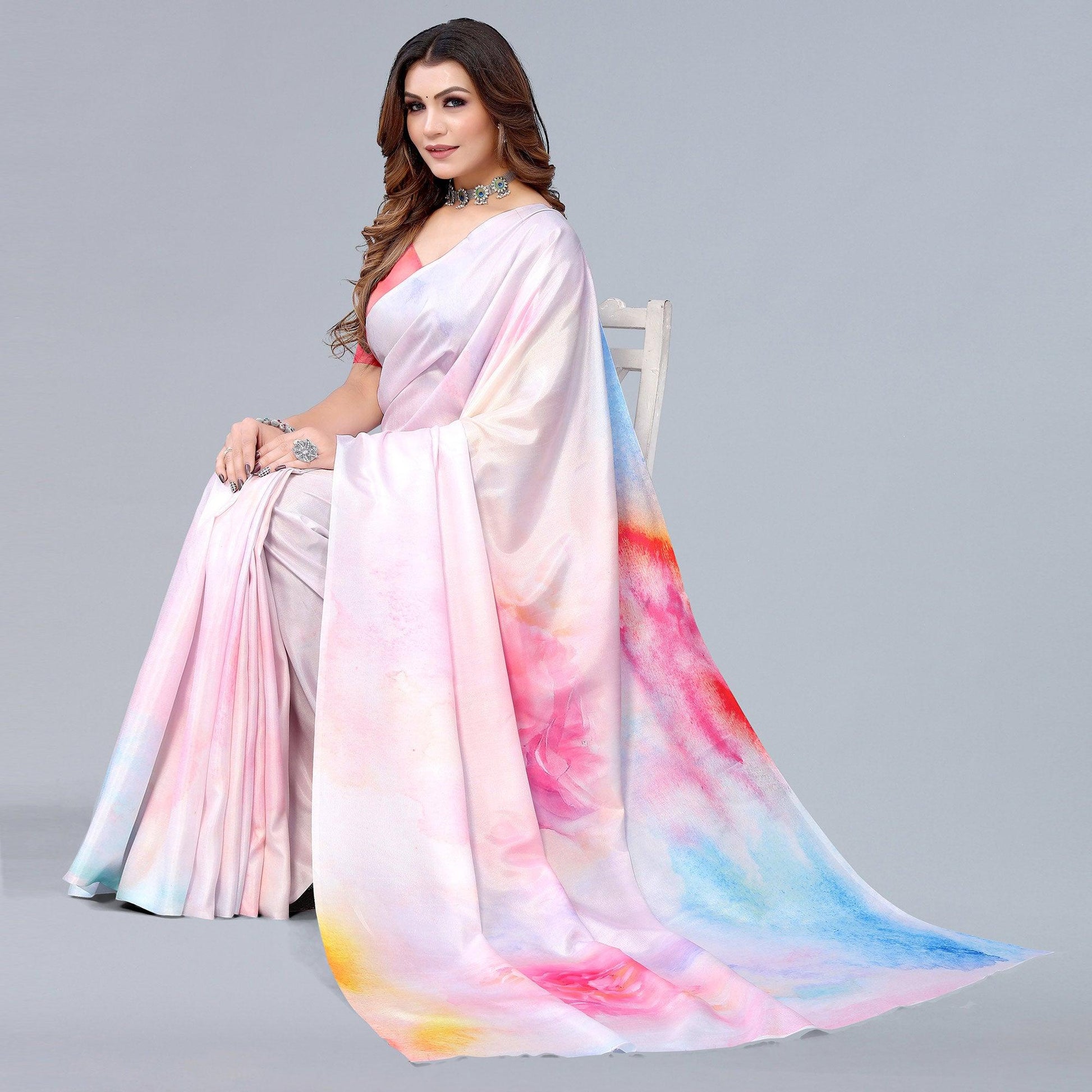 Light Pink Digital Printed Dola Silk Saree