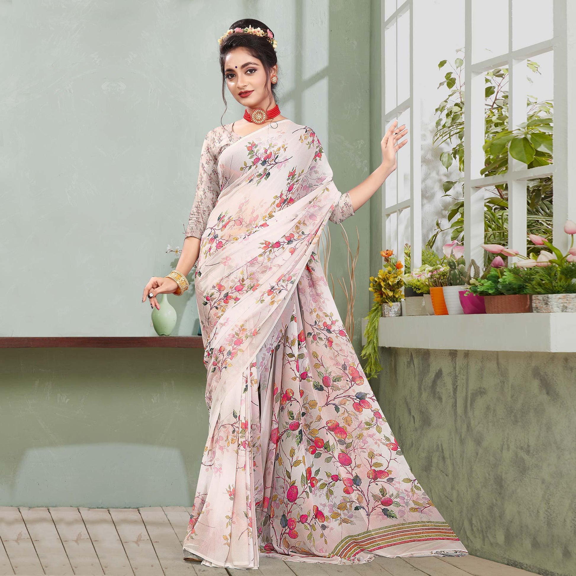 Light Pink Digital Printed Georgette Saree