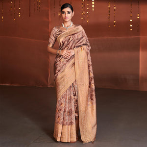 Light Pink Digital Printed With Woven Border Art Silk Saree