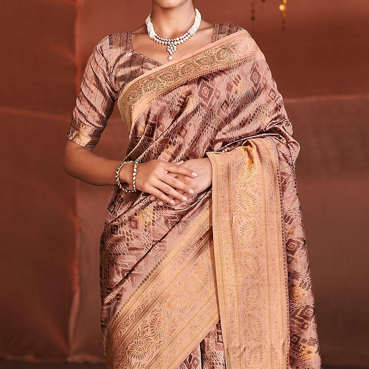 Light Pink Digital Printed With Woven Border Art Silk Saree