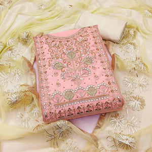 Light Pink Embellished Chanderi Dress Material