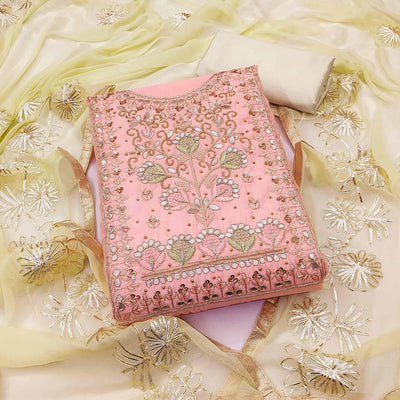 Light Pink Embellished Chanderi Dress Material