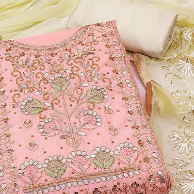 Light Pink Embellished Chanderi Dress Material