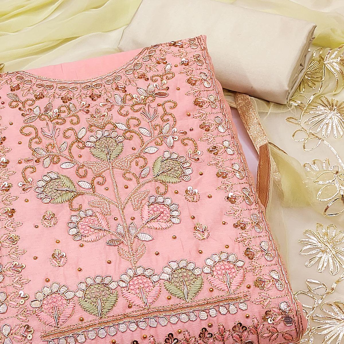 Light Pink Embellished Chanderi Dress Material