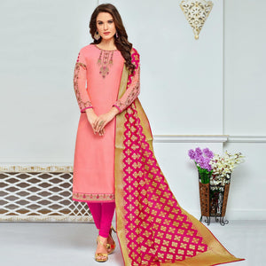 Light Pink Embellished With Embroidered Chanderi Dress Material