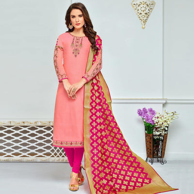 Light Pink Embellished With Embroidered Chanderi Dress Material