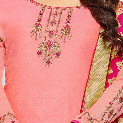 Light Pink Embellished With Embroidered Chanderi Dress Material