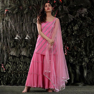 Light Pink Embroidered Georgette Sharara Suit