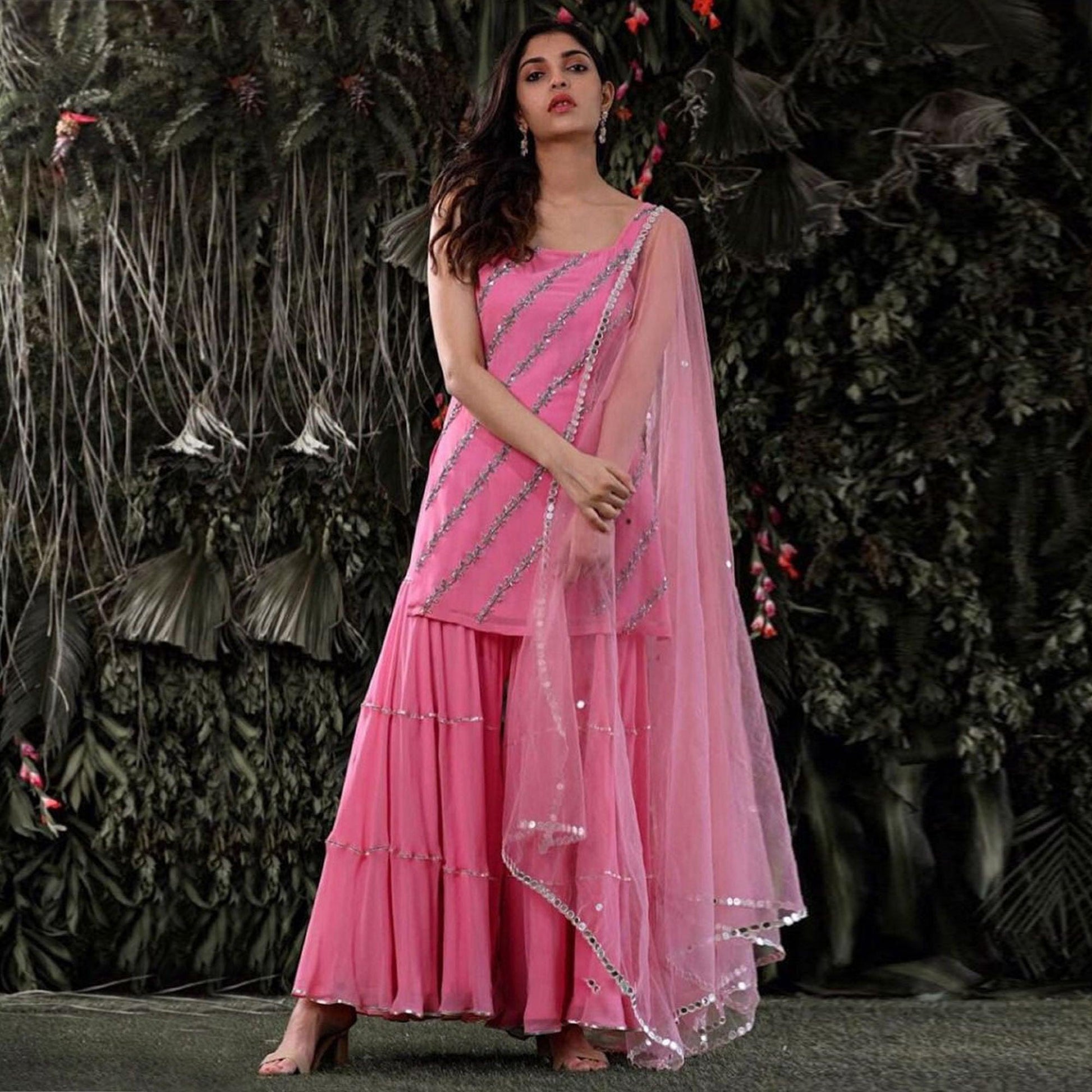 Light Pink Embroidered Georgette Sharara Suit