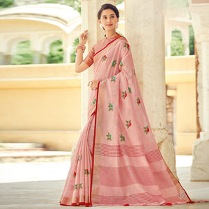 Light Pink Embroidered Linen Saree With Tassels