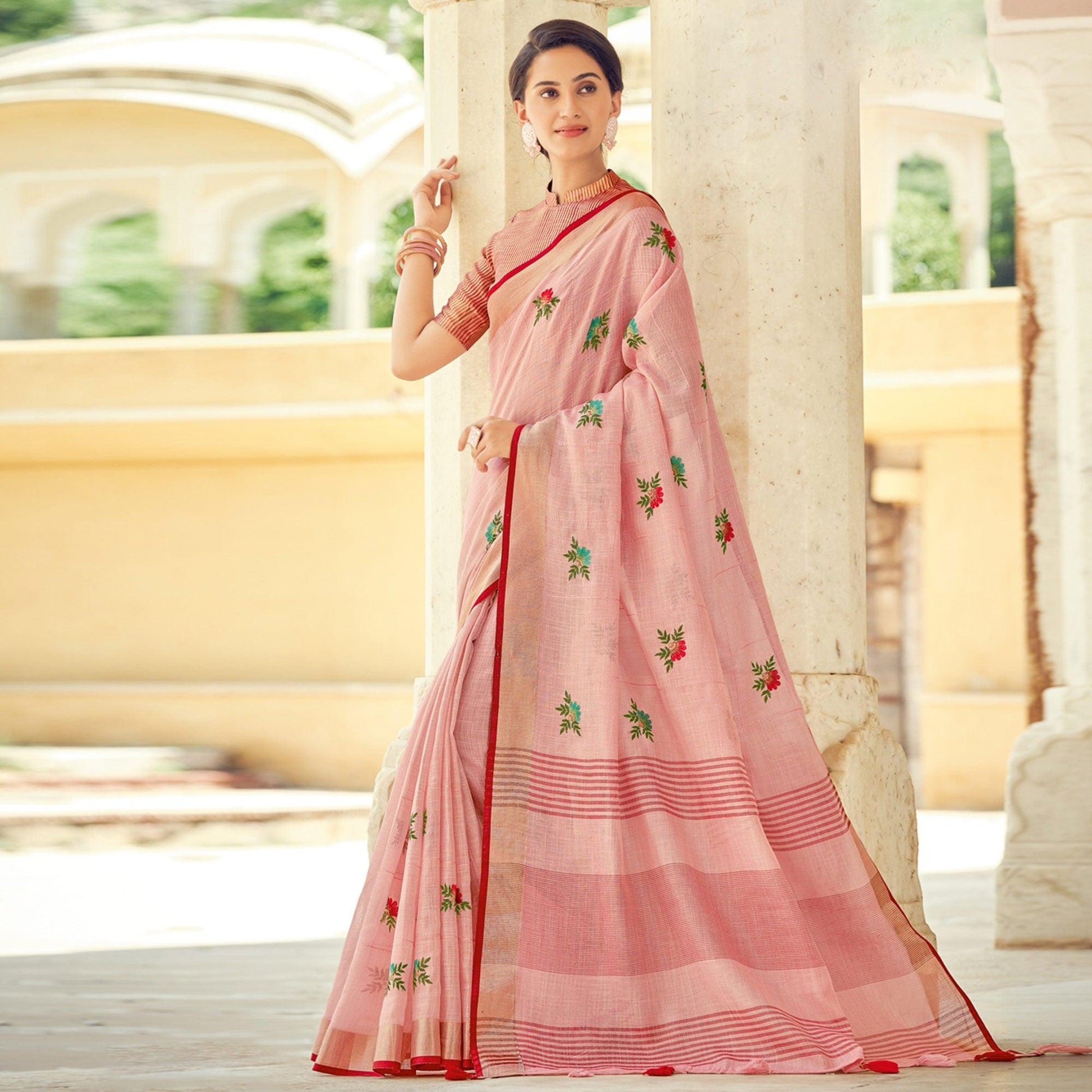 Light Pink Embroidered Linen Saree With Tassels