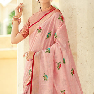 Light Pink Embroidered Linen Saree With Tassels