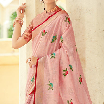 Light Pink Embroidered Linen Saree With Tassels