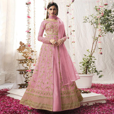 Light Pink Embroidered Netted Anarkali Suit