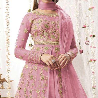 Light Pink Embroidered Netted Anarkali Suit