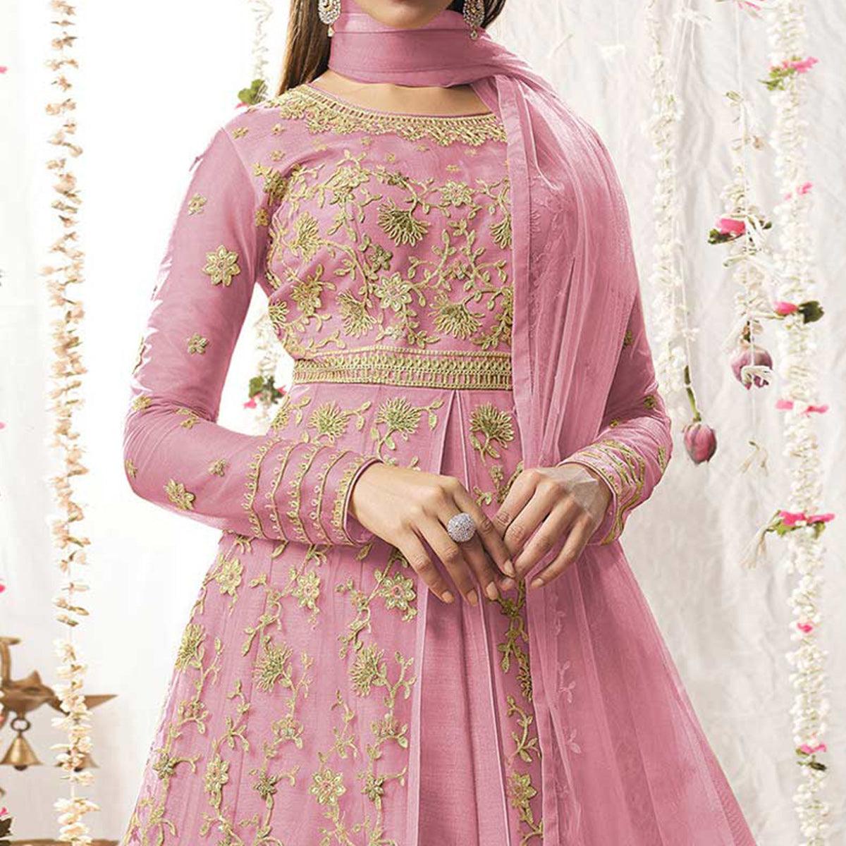 Light Pink Embroidered Netted Anarkali Suit