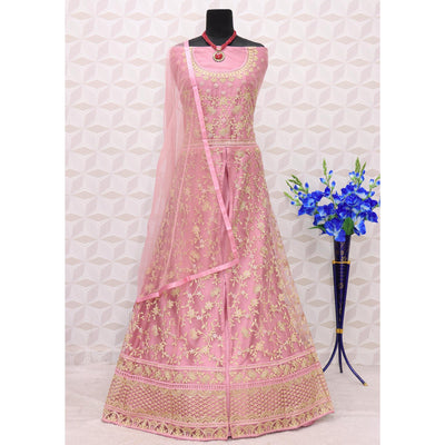 Light Pink Embroidered Netted Anarkali Suit
