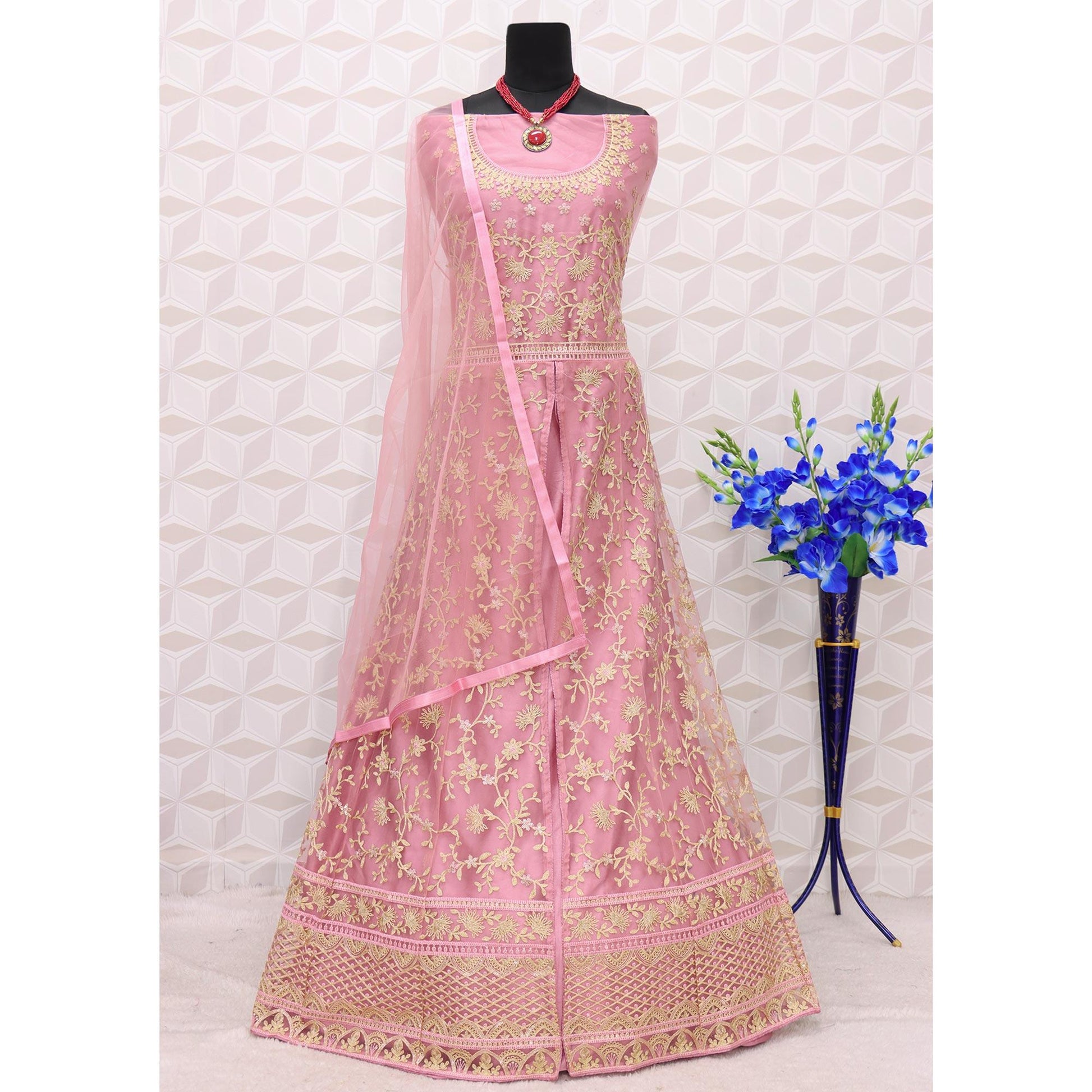 Light Pink Embroidered Netted Anarkali Suit
