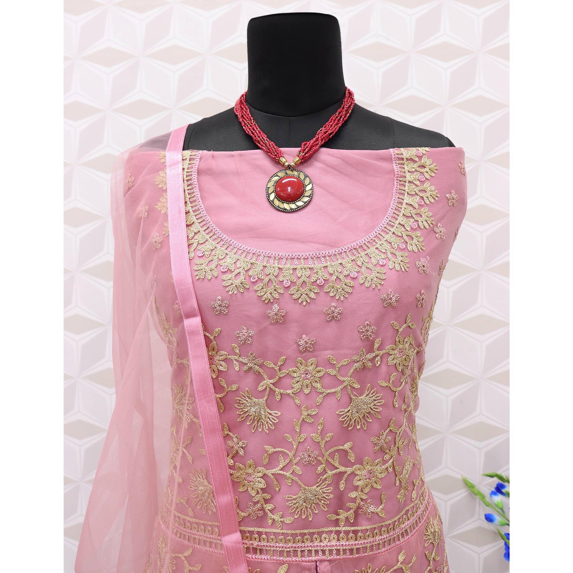 Light Pink Embroidered Netted Anarkali Suit