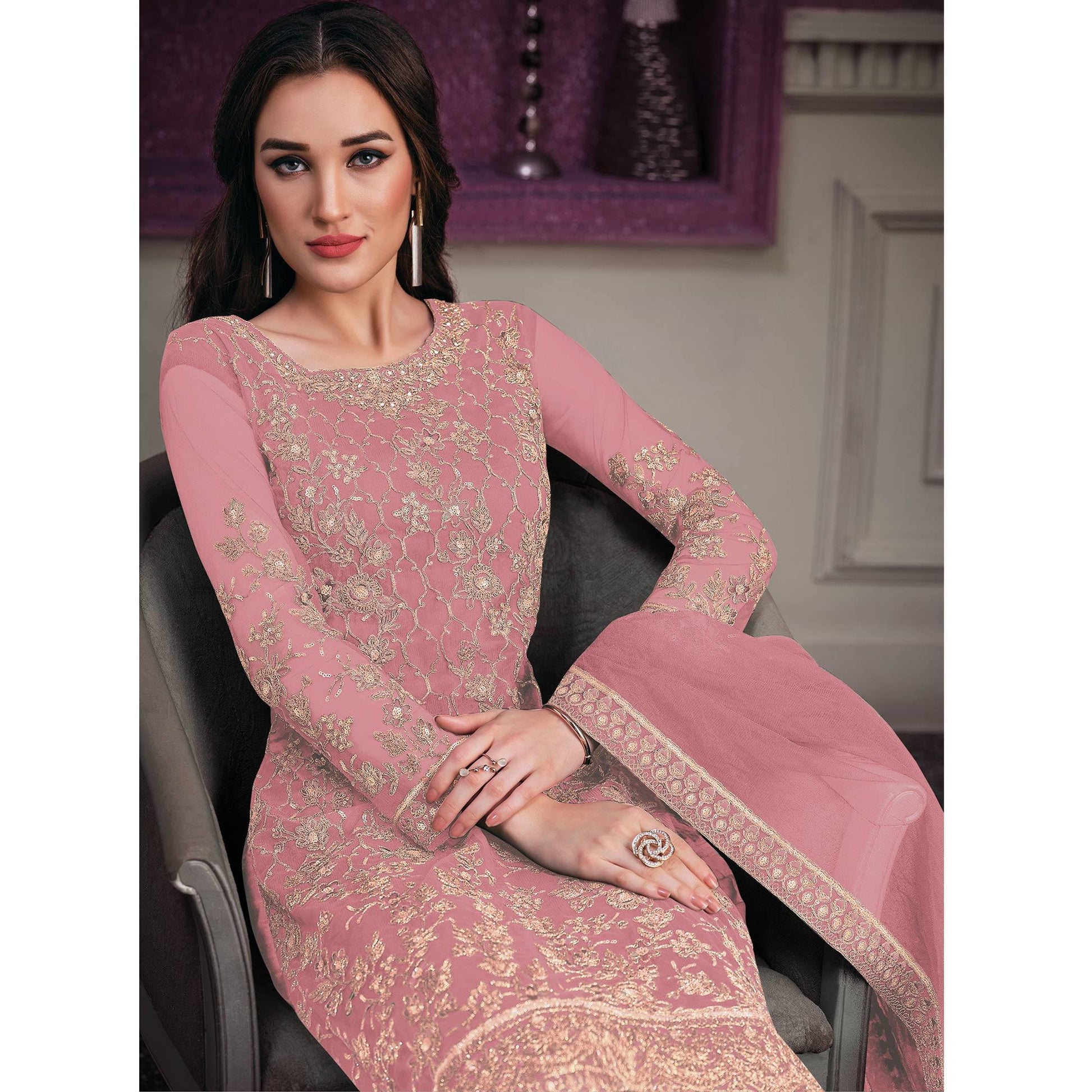 Light Pink Embroidered Netted Suit